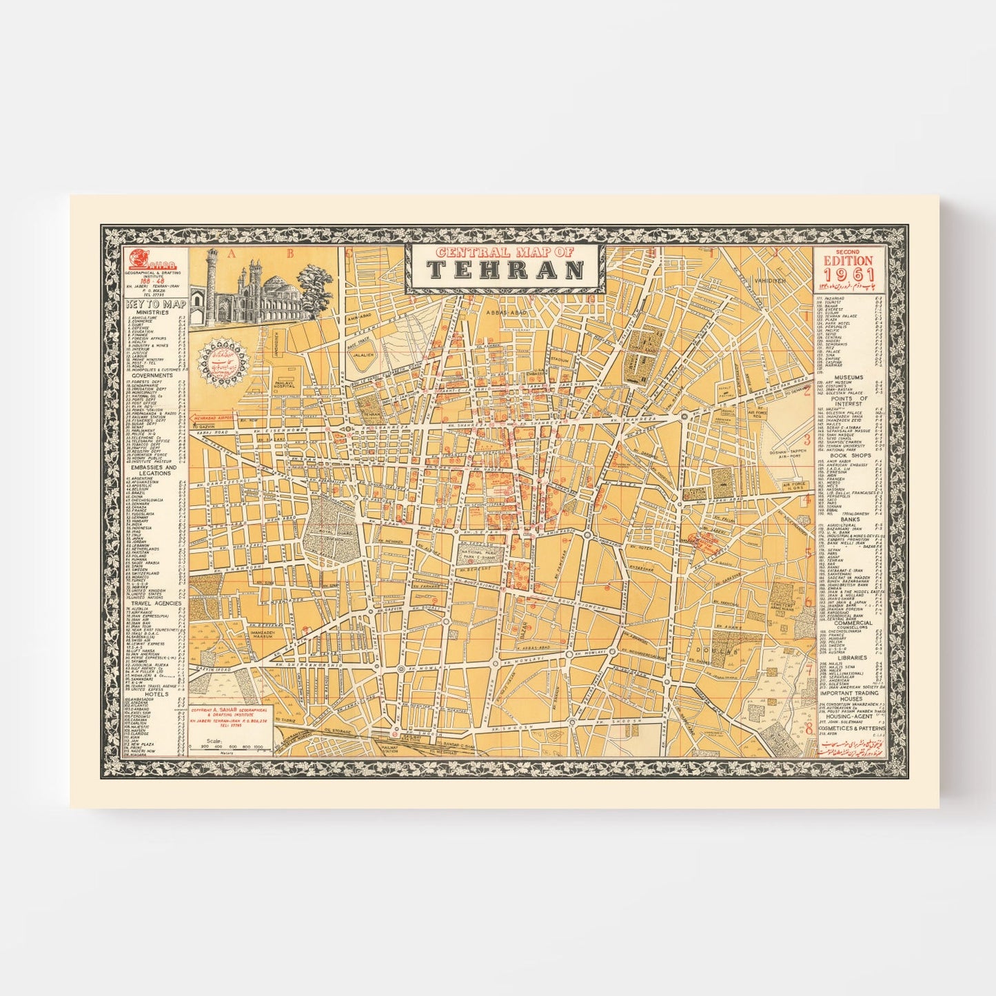 Vintage Map of Tehran, Iran, 1961