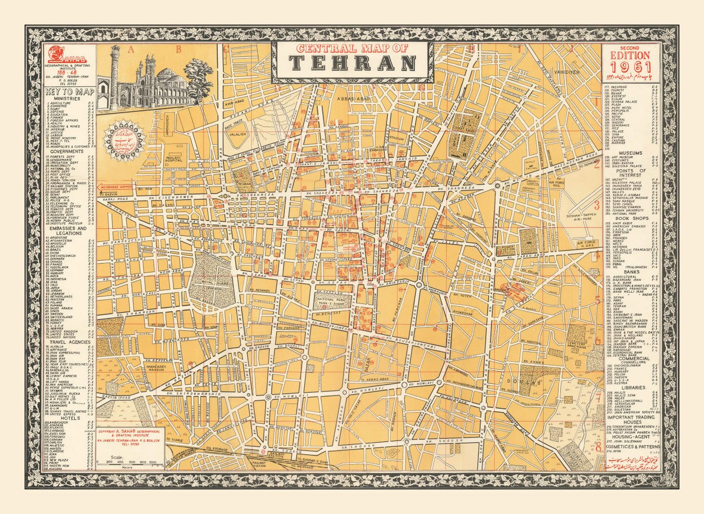 Vintage Map of Tehran, Iran, 1961