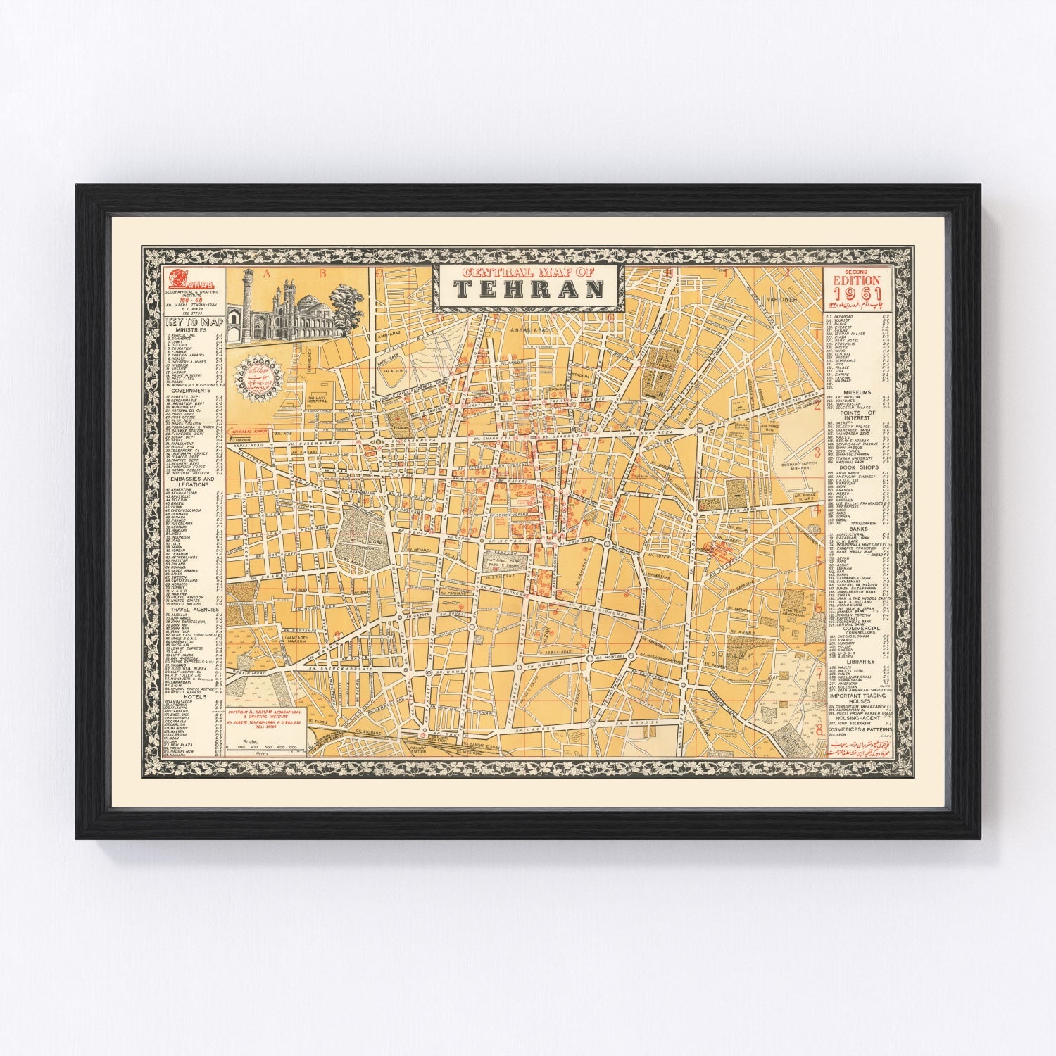 vintage map of Tehran, Iran, 1961