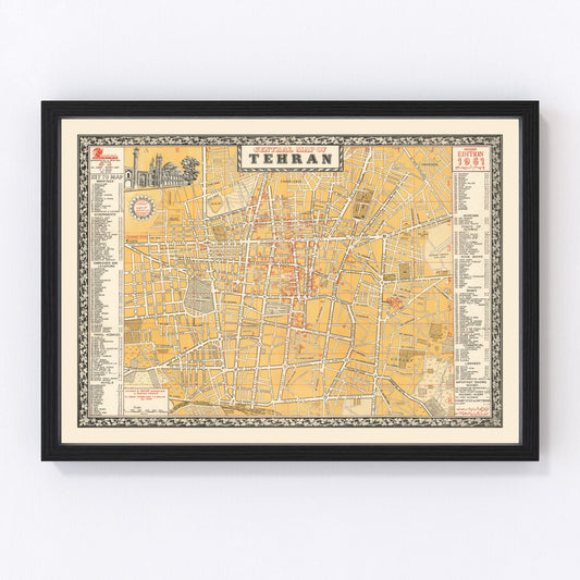 vintage map of Tehran, Iran, 1961