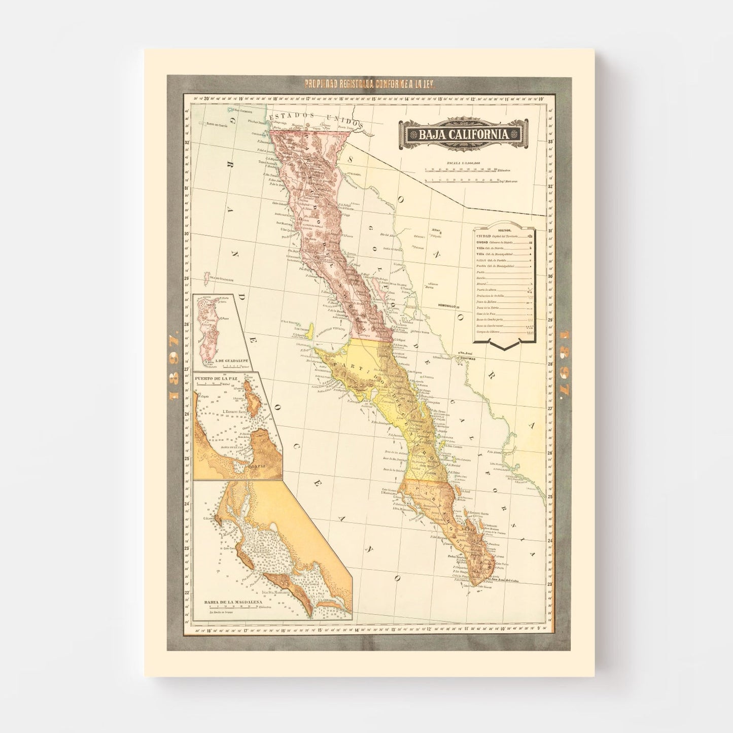 Vintage Map of Baja California, Mexico, 1897