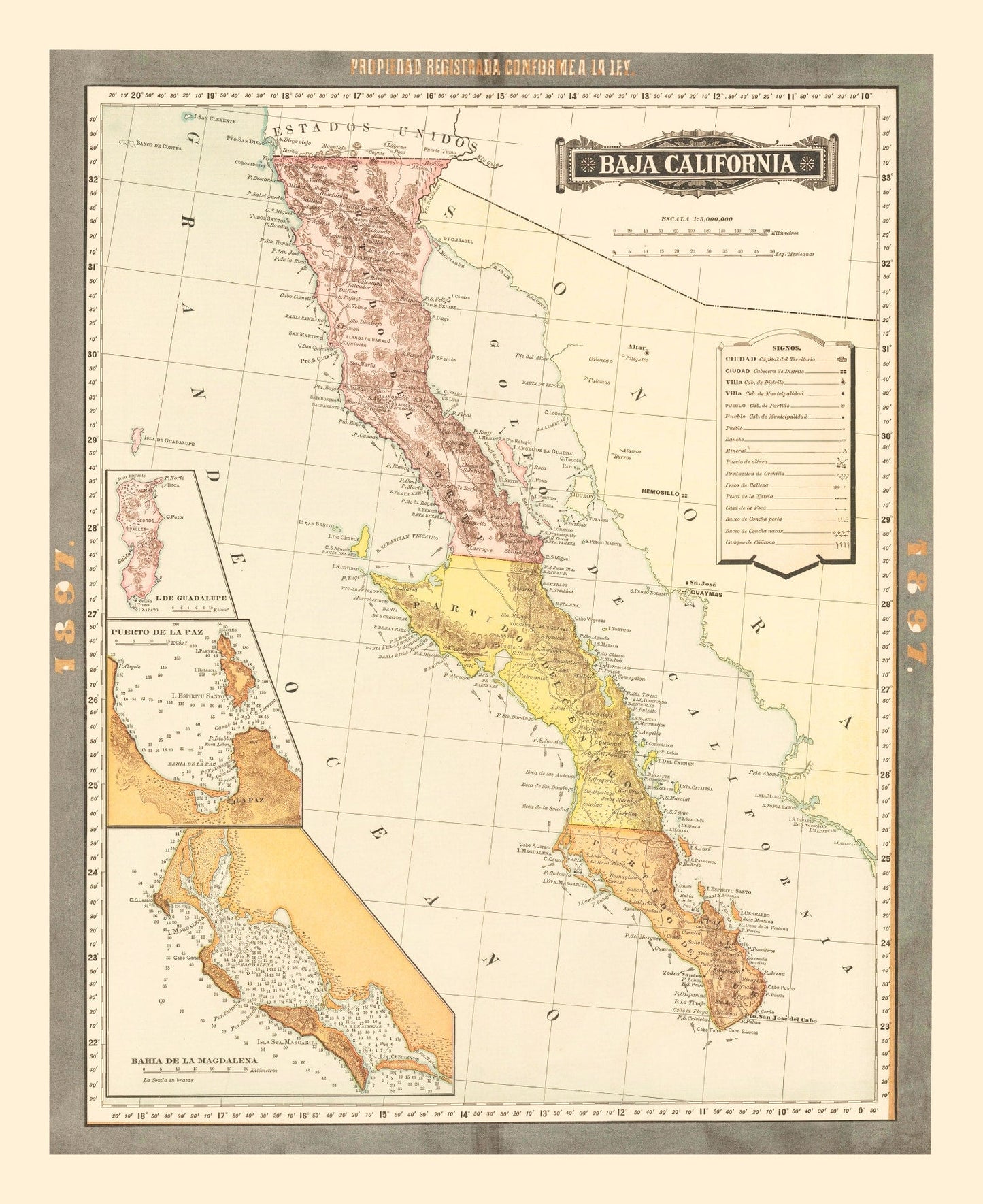 Vintage Map of Baja California, Mexico, 1897