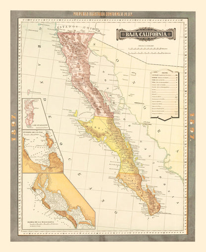 Vintage Map of Baja California, Mexico, 1897