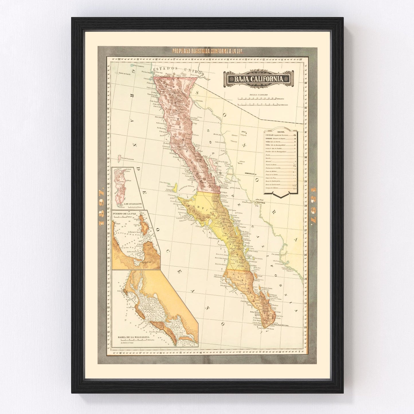 Vintage map of Baja California, Mexico, 1897 - restored peninsula cartography print