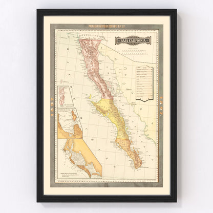 Vintage map of Baja California, Mexico, 1897 - restored peninsula cartography print