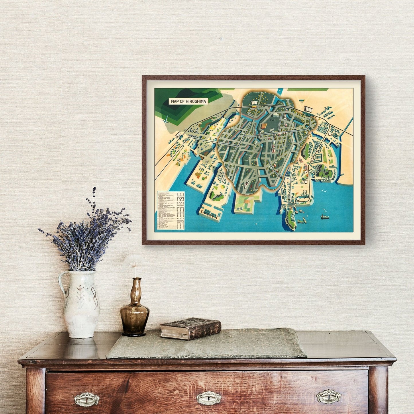 Vintage Map of Hiroshima, Japan, 1947