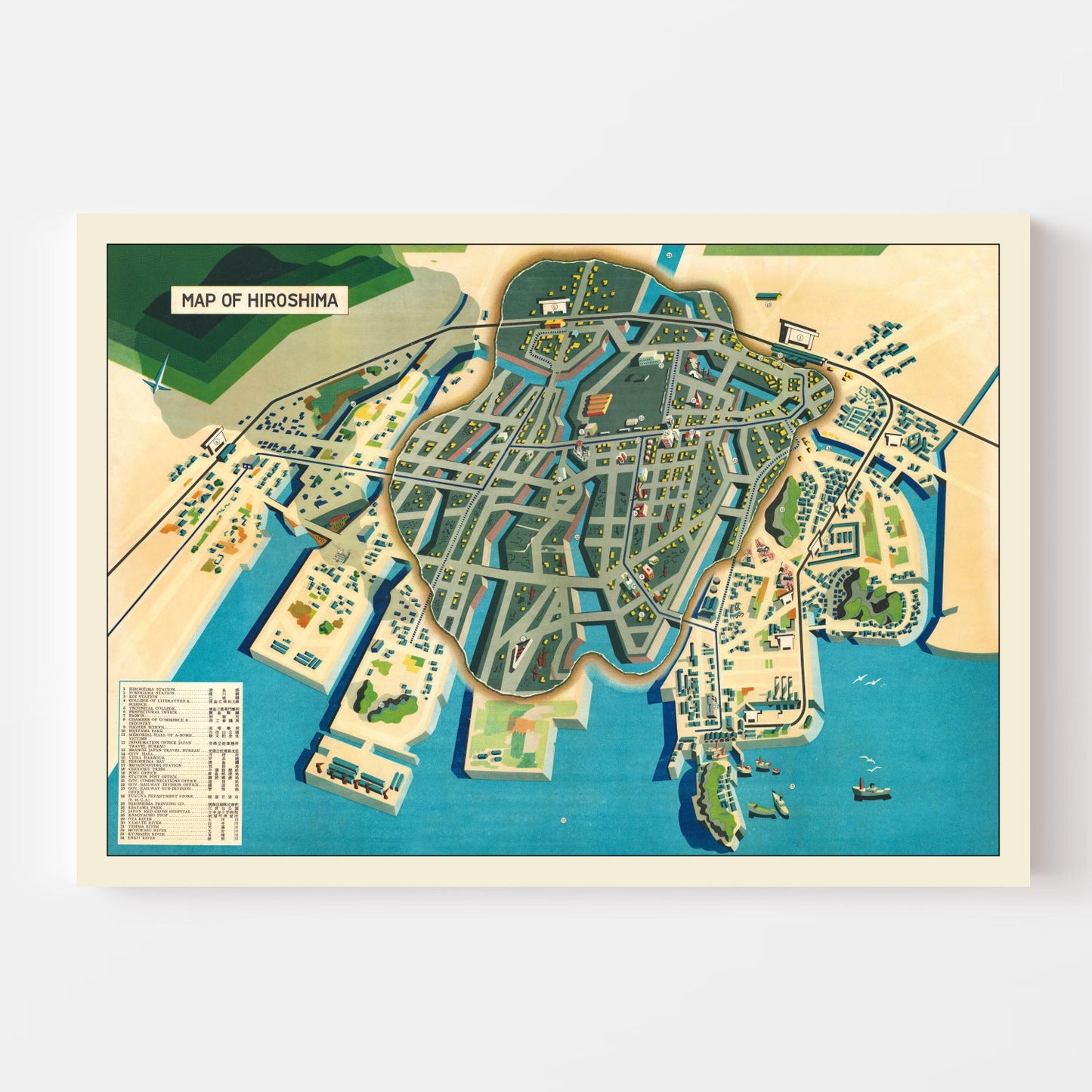 Vintage Map of Hiroshima, Japan, 1947
