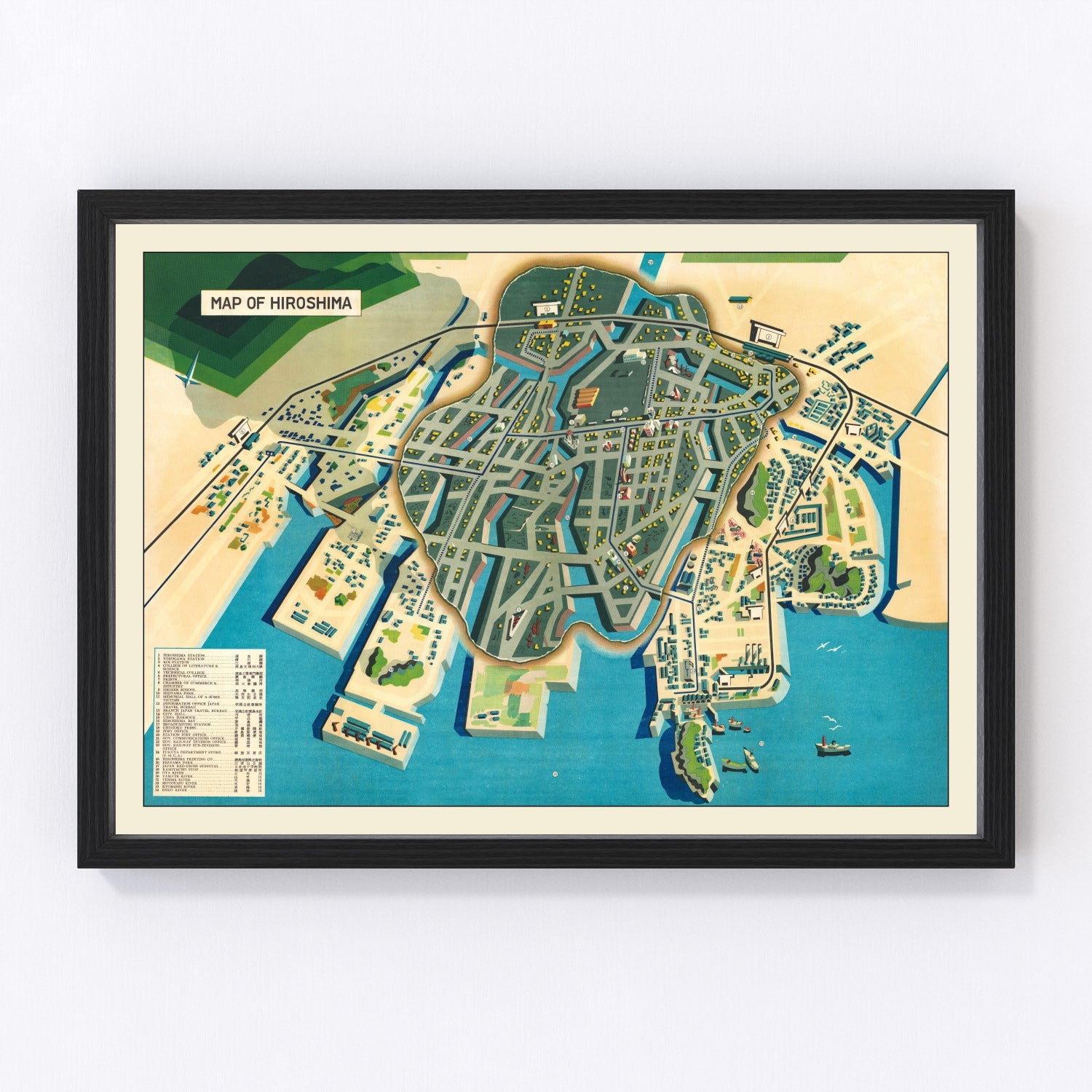 vintage map of Hiroshima, Japan, 1947