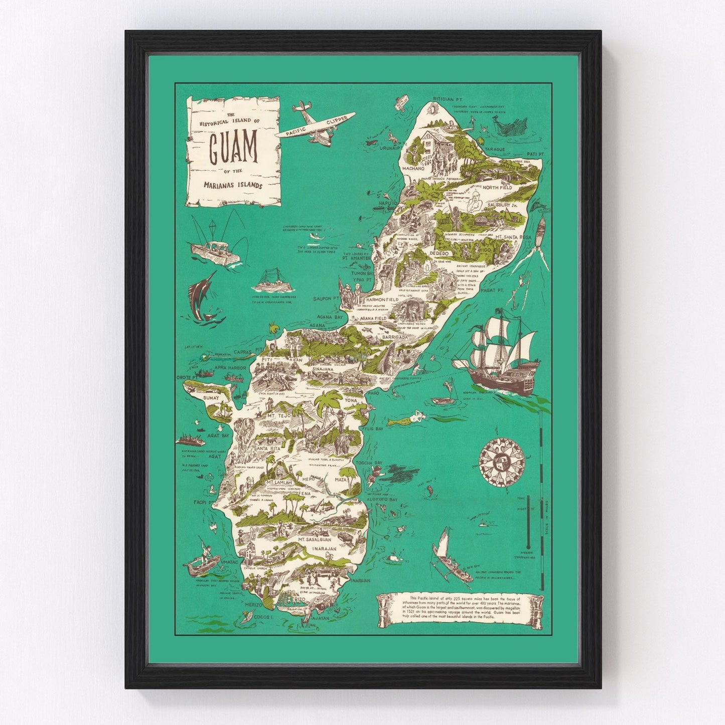 Vintage map of Guam island infrastructure and coastline, 1958