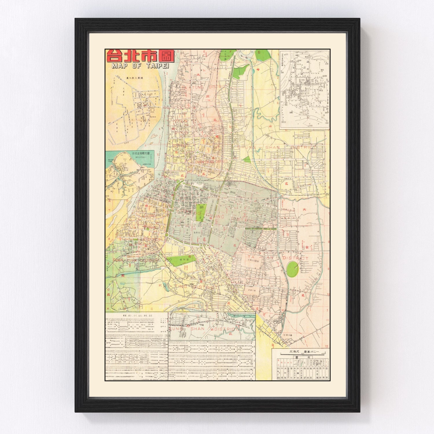 vintage map of Taipei, Taiwan, 1957