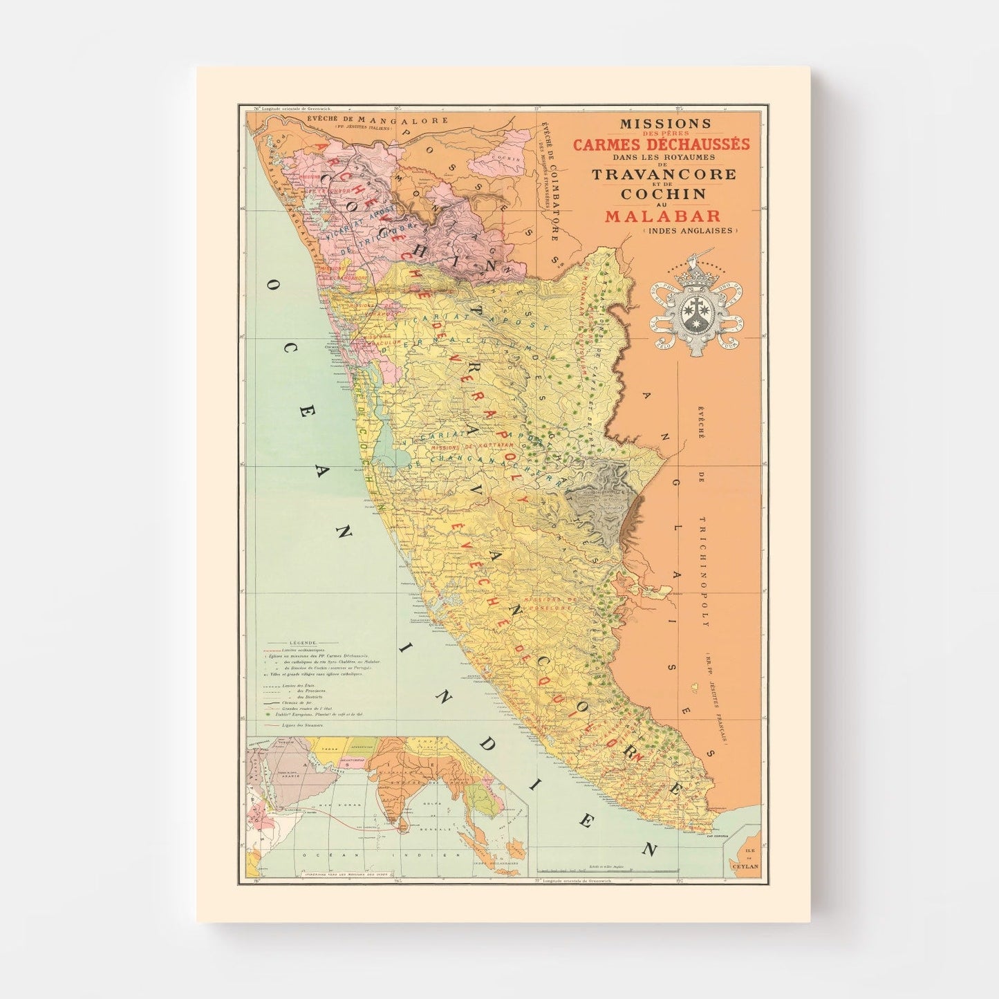 Vintage Malabar, India Map, 1892