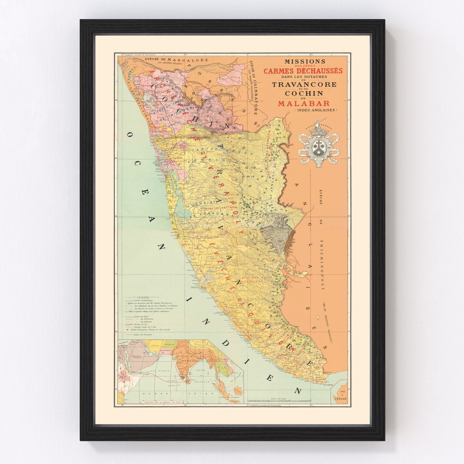 Vintage map of Malabar, India, 1892
