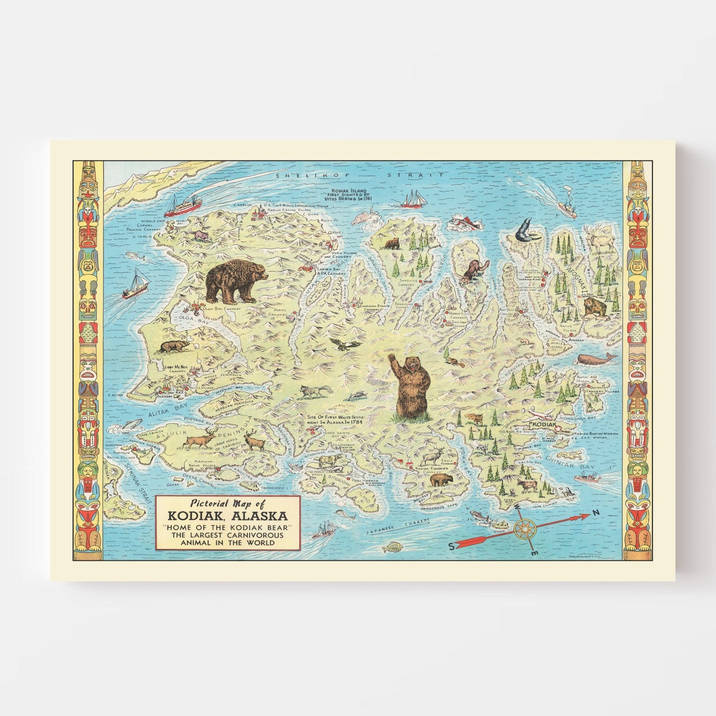 Vintage Kodiak Island, Alaska Map, 1948