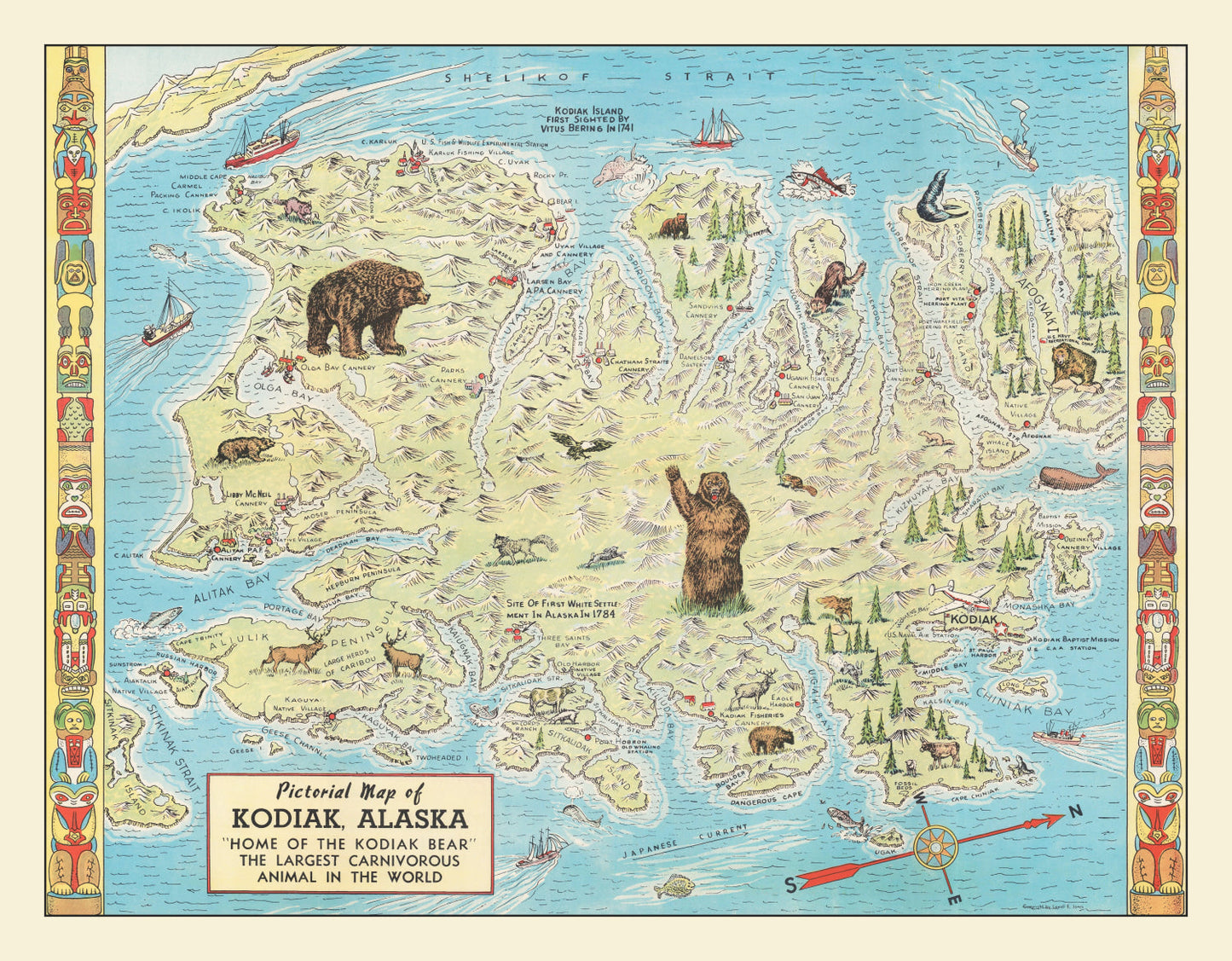 Vintage Kodiak Island, Alaska Map, 1948
