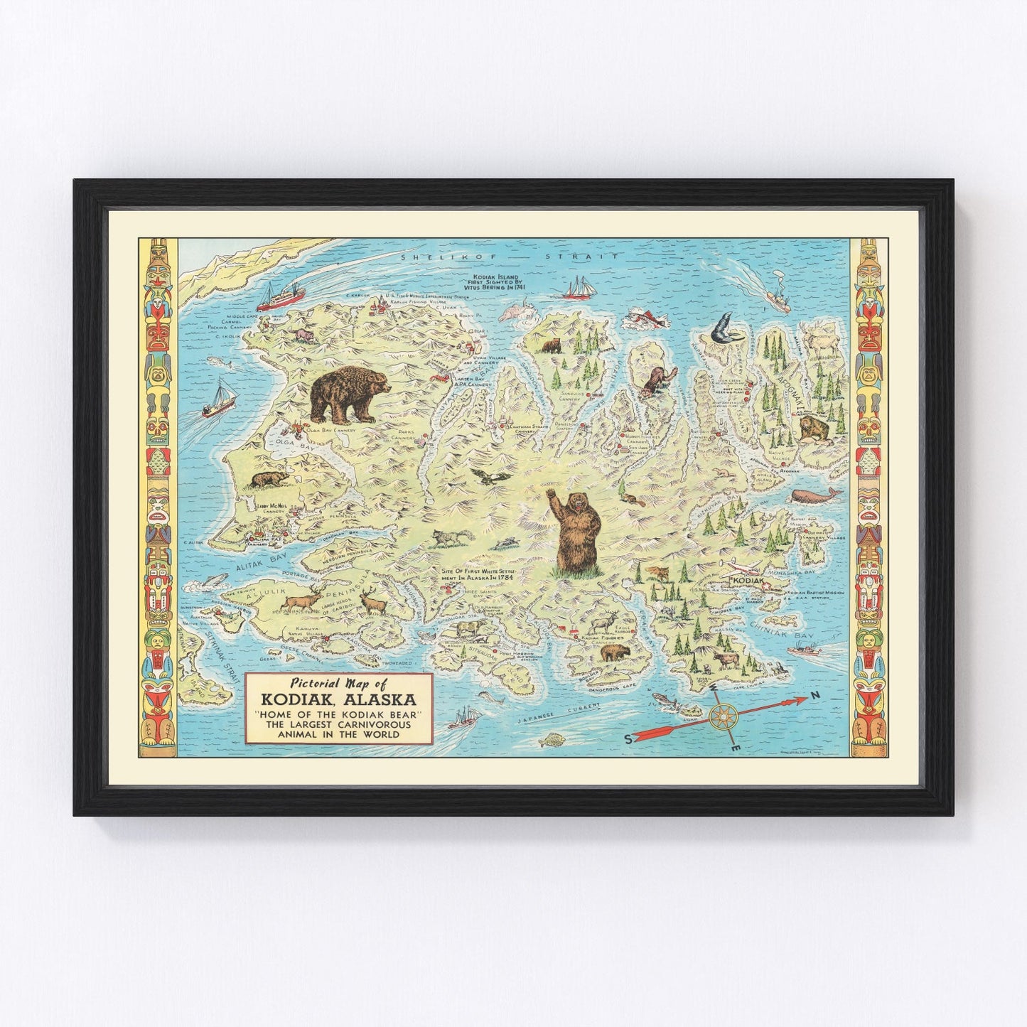 Vintage map of Kodiak Island, Alaska coastline and bays, 1948