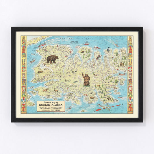Vintage map of Kodiak Island, Alaska coastline and bays, 1948