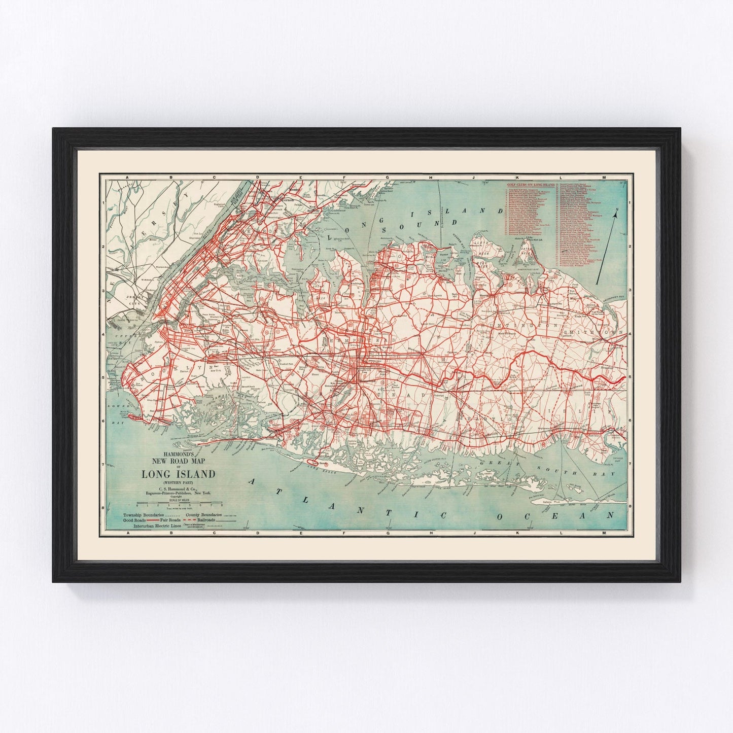 Vintage 1914 road map of Long Island, New York, digitally restored