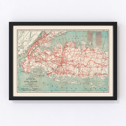 Vintage 1914 road map of Long Island, New York, digitally restored