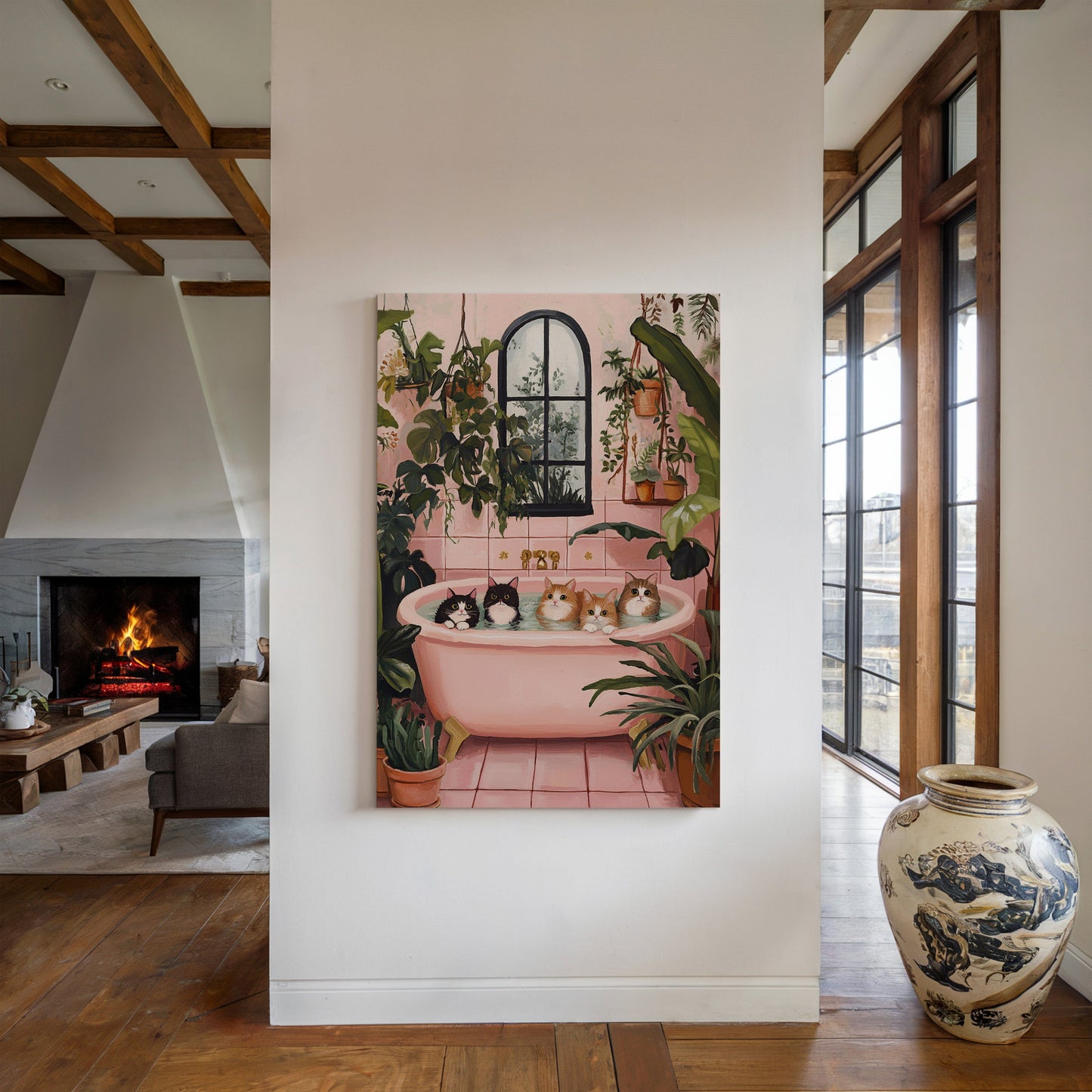 Cat Spa Day Funny Pink Bathtub Cat Wall Art Print