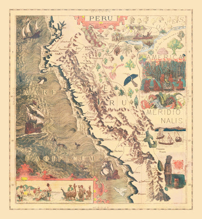 Vintage Pictorial Map of Peru, 1597