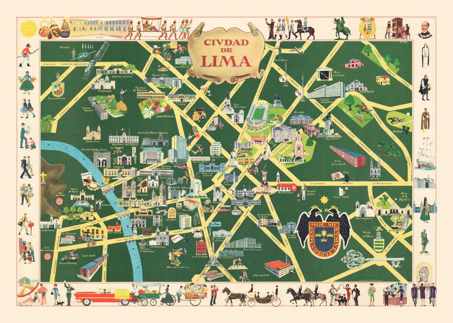 Vintage Map of Lima, Peru, 1954