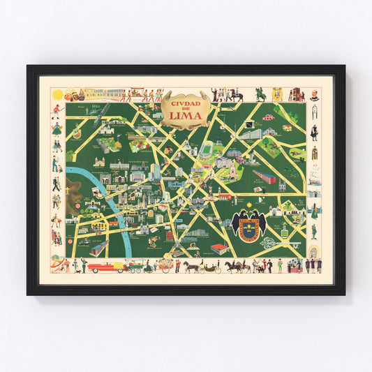 Vintage map of Lima, Peru, 1954