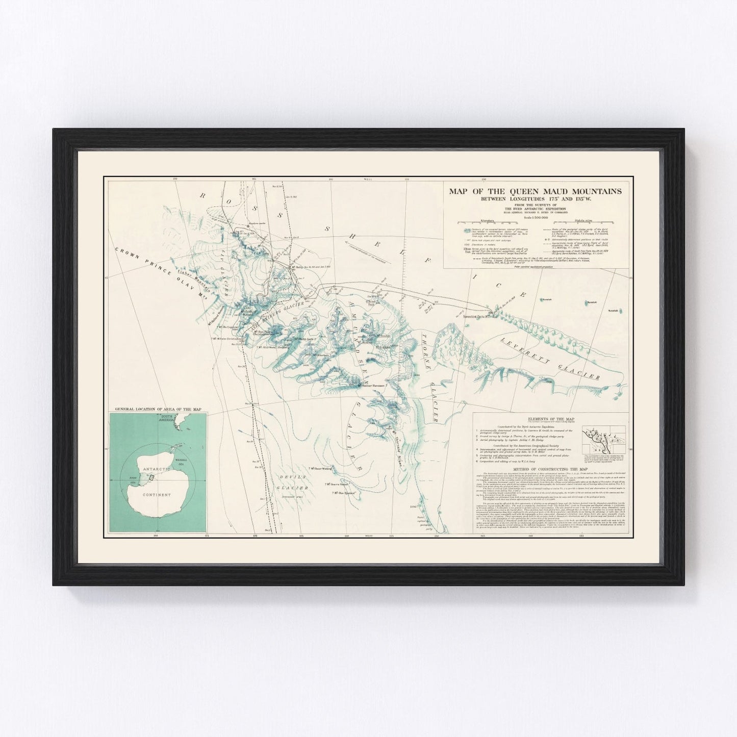 vintage map of Queen Maud Mountains, Antarctica, 1931, Byrd Expedition polar map