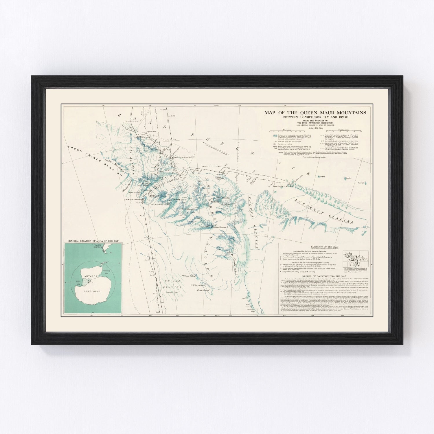 vintage map of Queen Maud Mountains, Antarctica, 1931, Byrd Expedition polar map