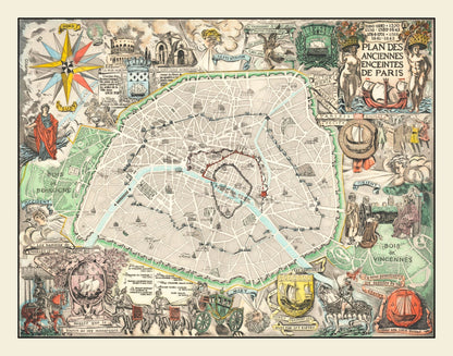 Vintage Map of Paris, France, 1937