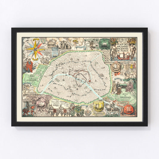 vintage map of Paris, France, 1937