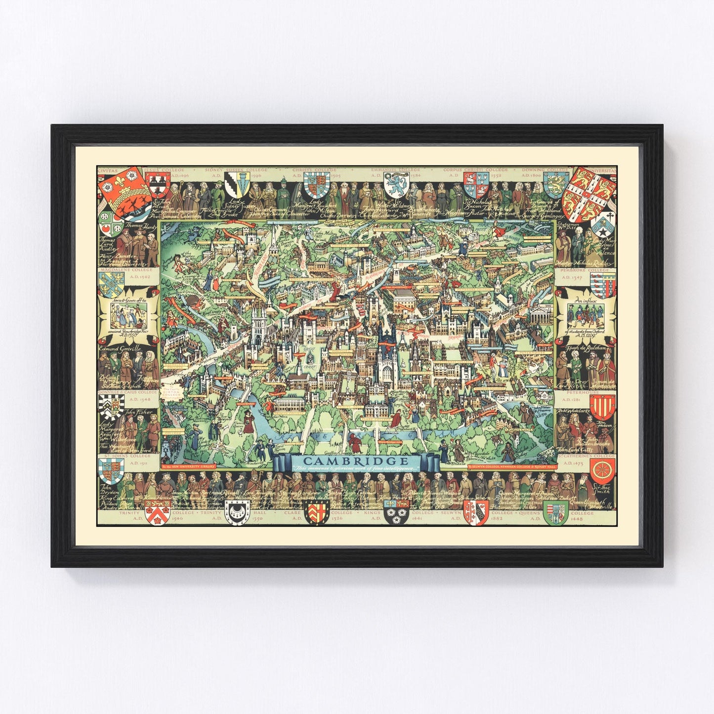 Vintage map of Cambridge, England, 1948, university city restored print