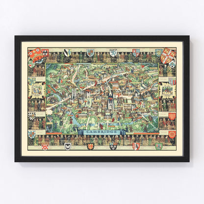 Vintage map of Cambridge, England, 1948, university city restored print
