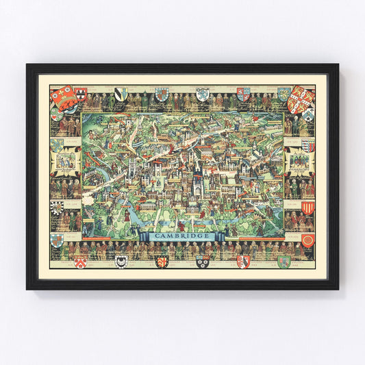 Vintage map of Cambridge, England, 1948, university city restored print