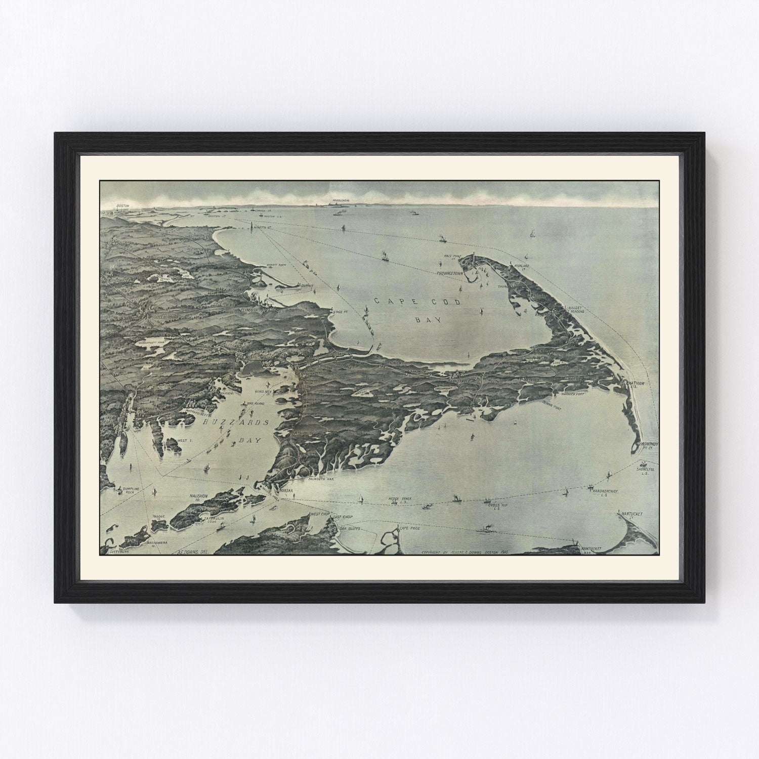 Restored vintage bird's eye view map of Cape Cod, Massachusetts, 1915