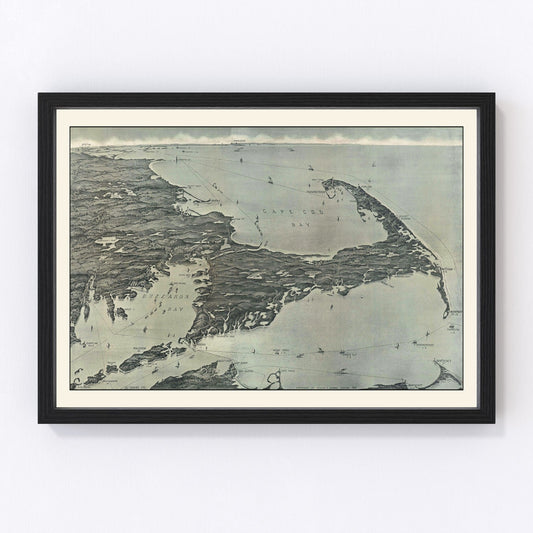 Restored vintage bird's eye view map of Cape Cod, Massachusetts, 1915