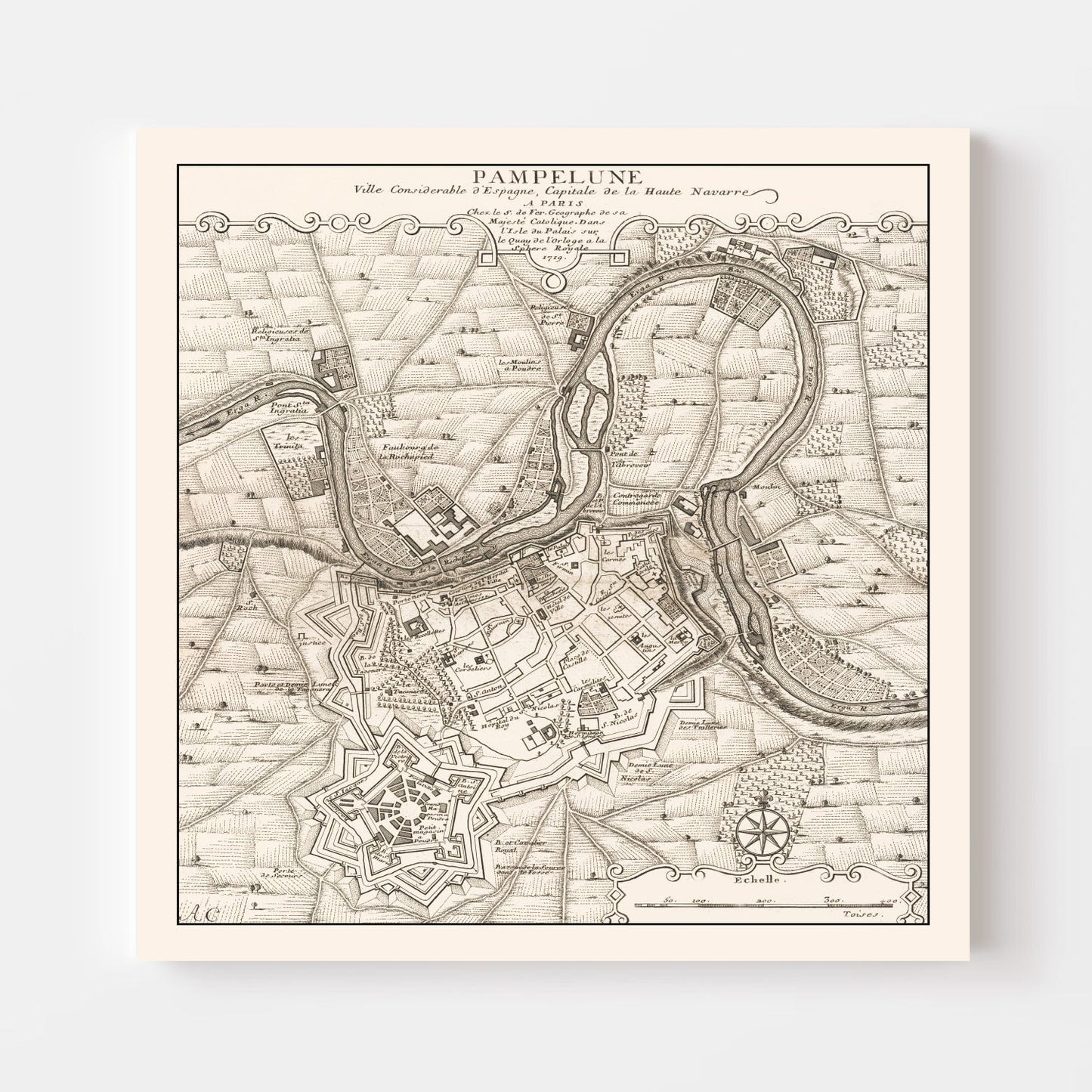 Vintage Map of Pamplona, Spain, 1719