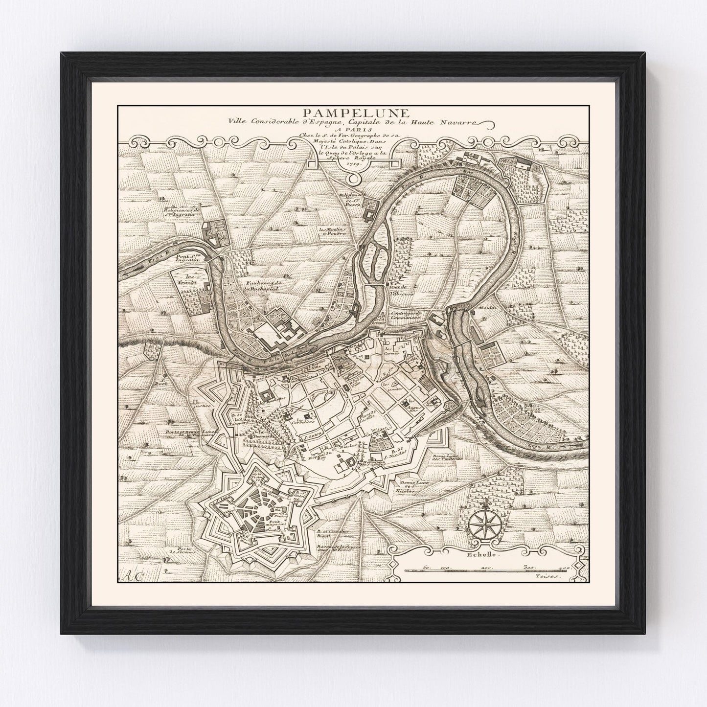 Vintage map of Pamplona, Spain, 1719