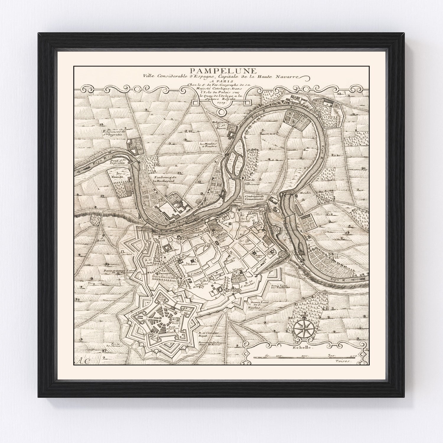 Vintage map of Pamplona, Spain, 1719