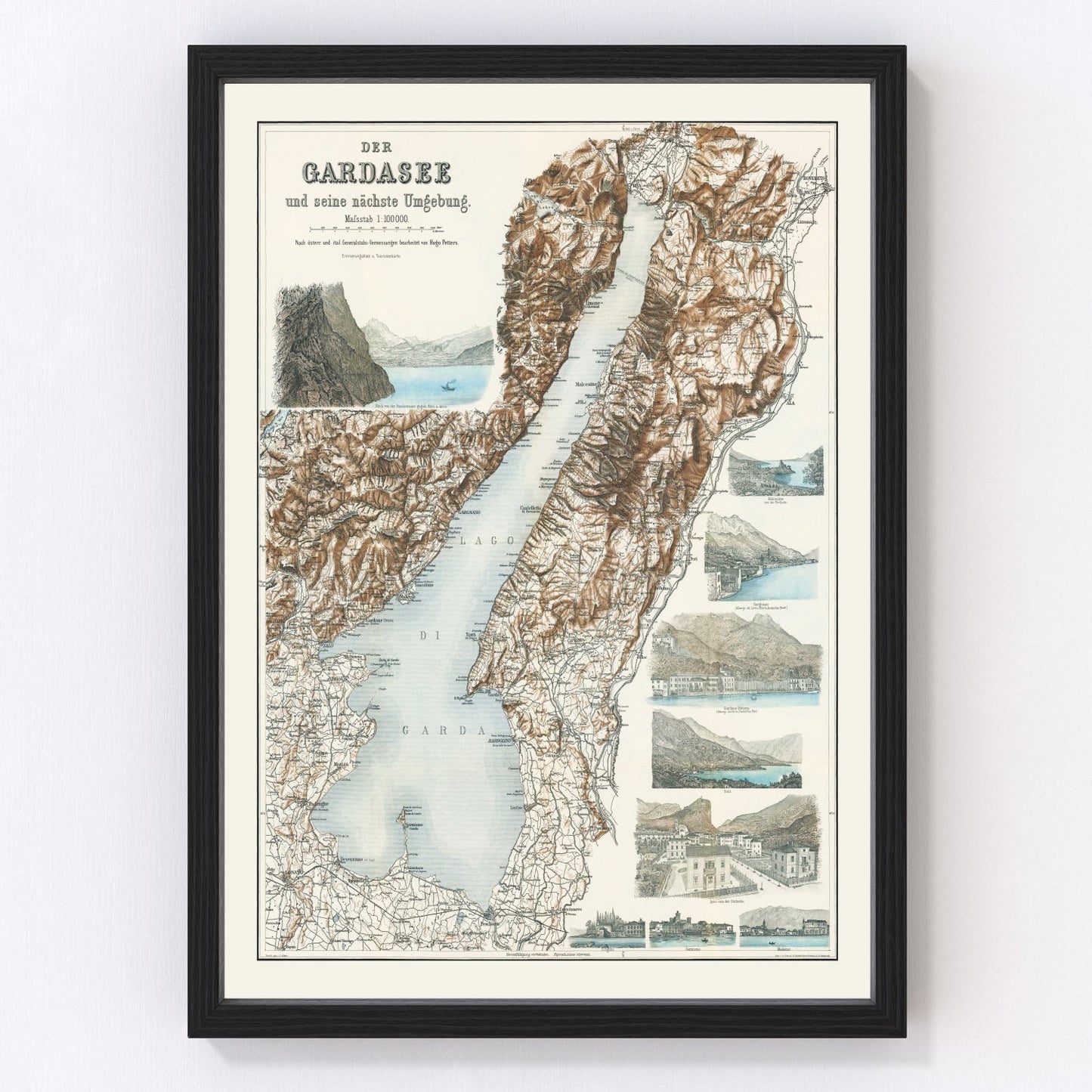 Vintage map of Lake Garda, Italy, largest Italian Alpine lake, 1890