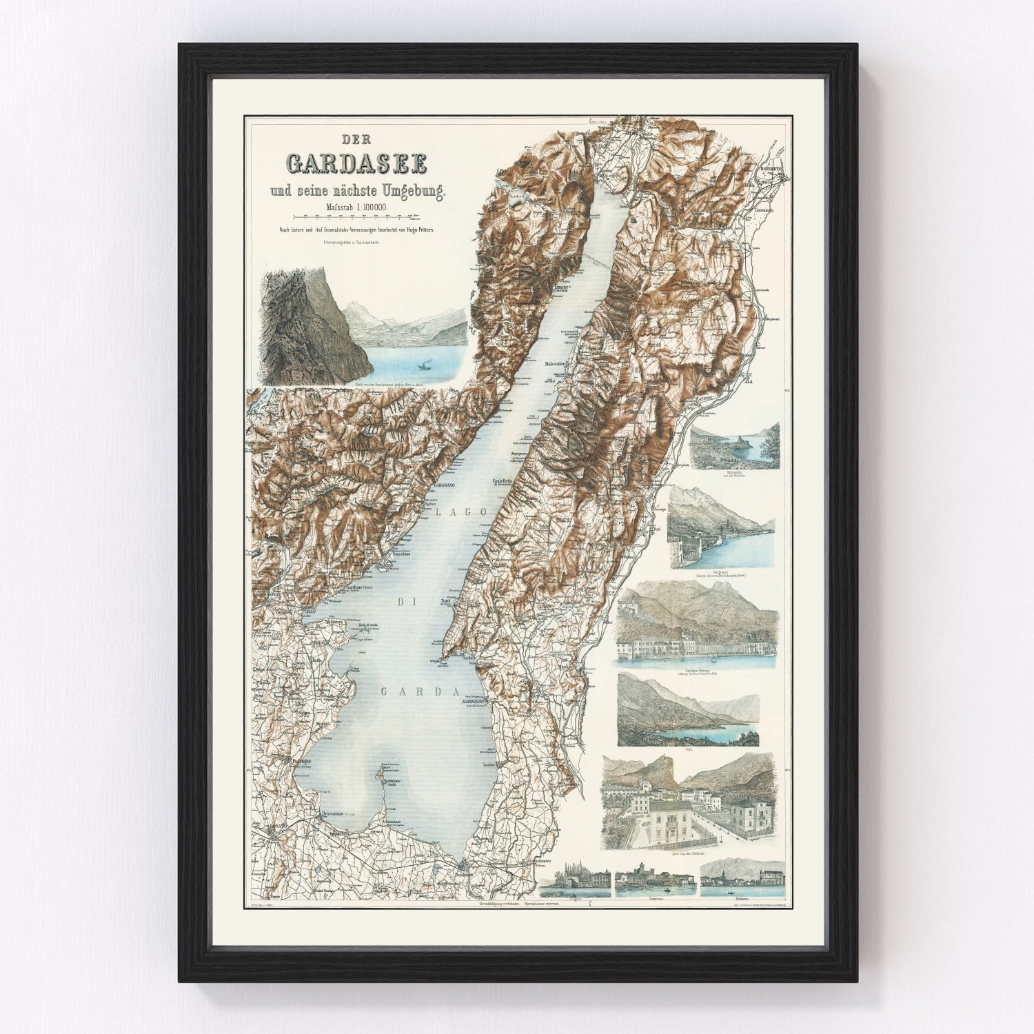 Vintage map of Lake Garda, Italy, largest Italian Alpine lake, 1890
