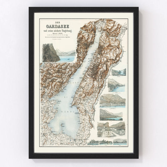 Vintage map of Lake Garda, Italy, largest Italian Alpine lake, 1890