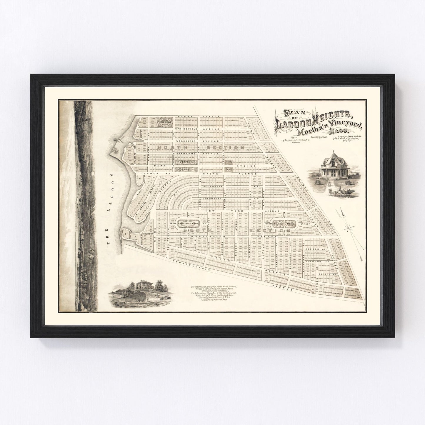 Vintage map of Lagoon Heights and Martha's Vineyard coastal, 1873