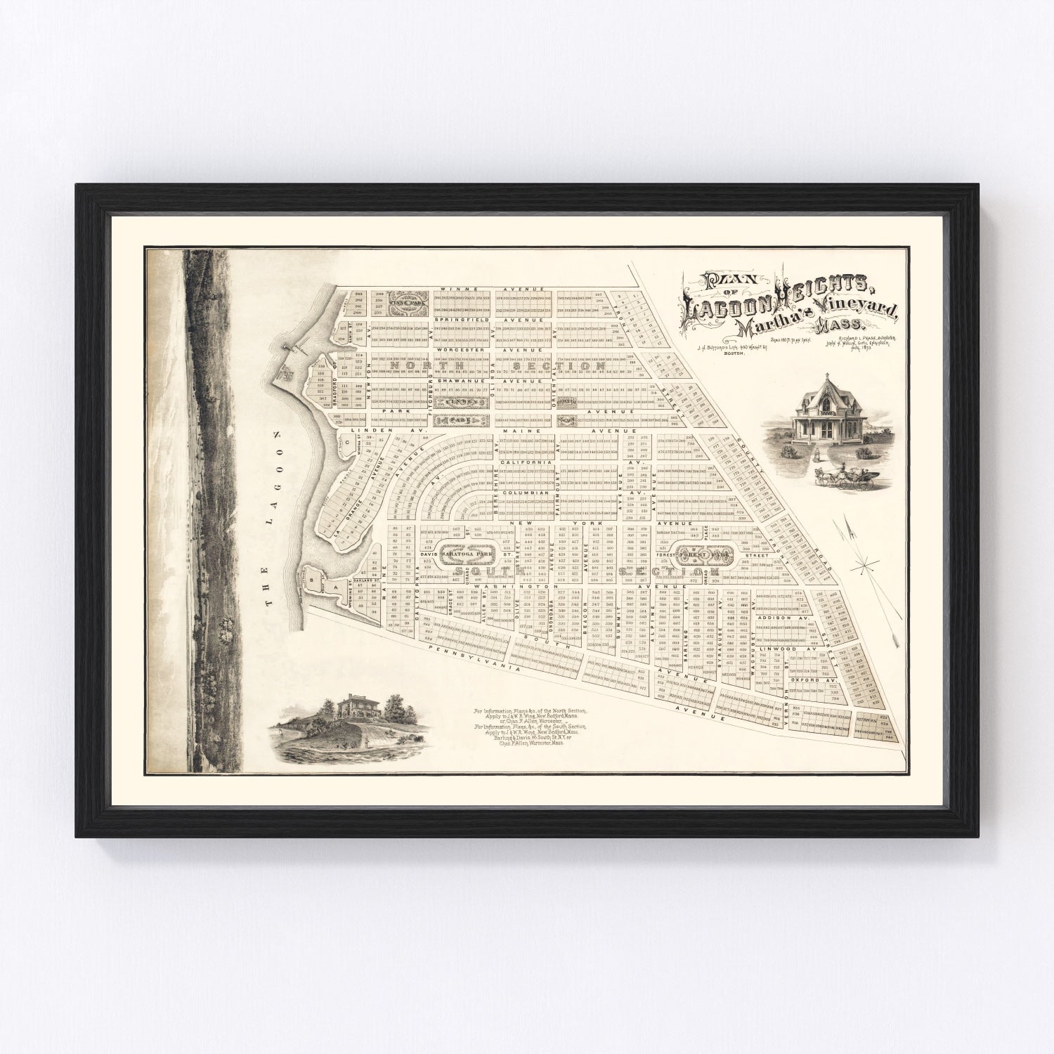 Vintage map of Lagoon Heights and Martha's Vineyard coastal, 1873