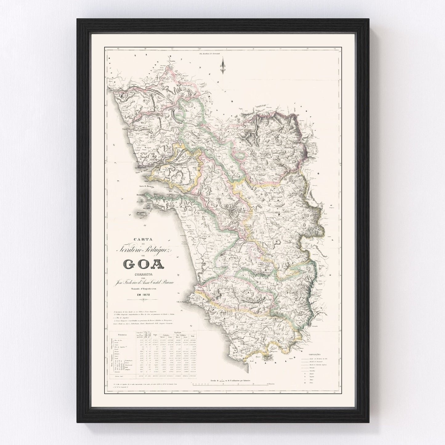 Vintage map of Goa, India, Portuguese colonial territory, 1878