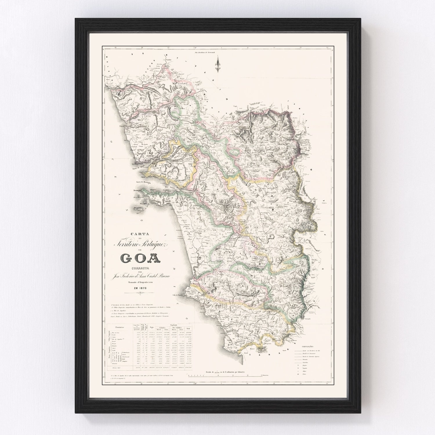 Vintage map of Goa, India, Portuguese colonial territory, 1878