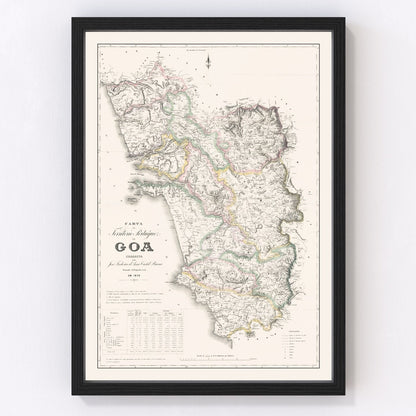Vintage map of Goa, India, Portuguese colonial territory, 1878