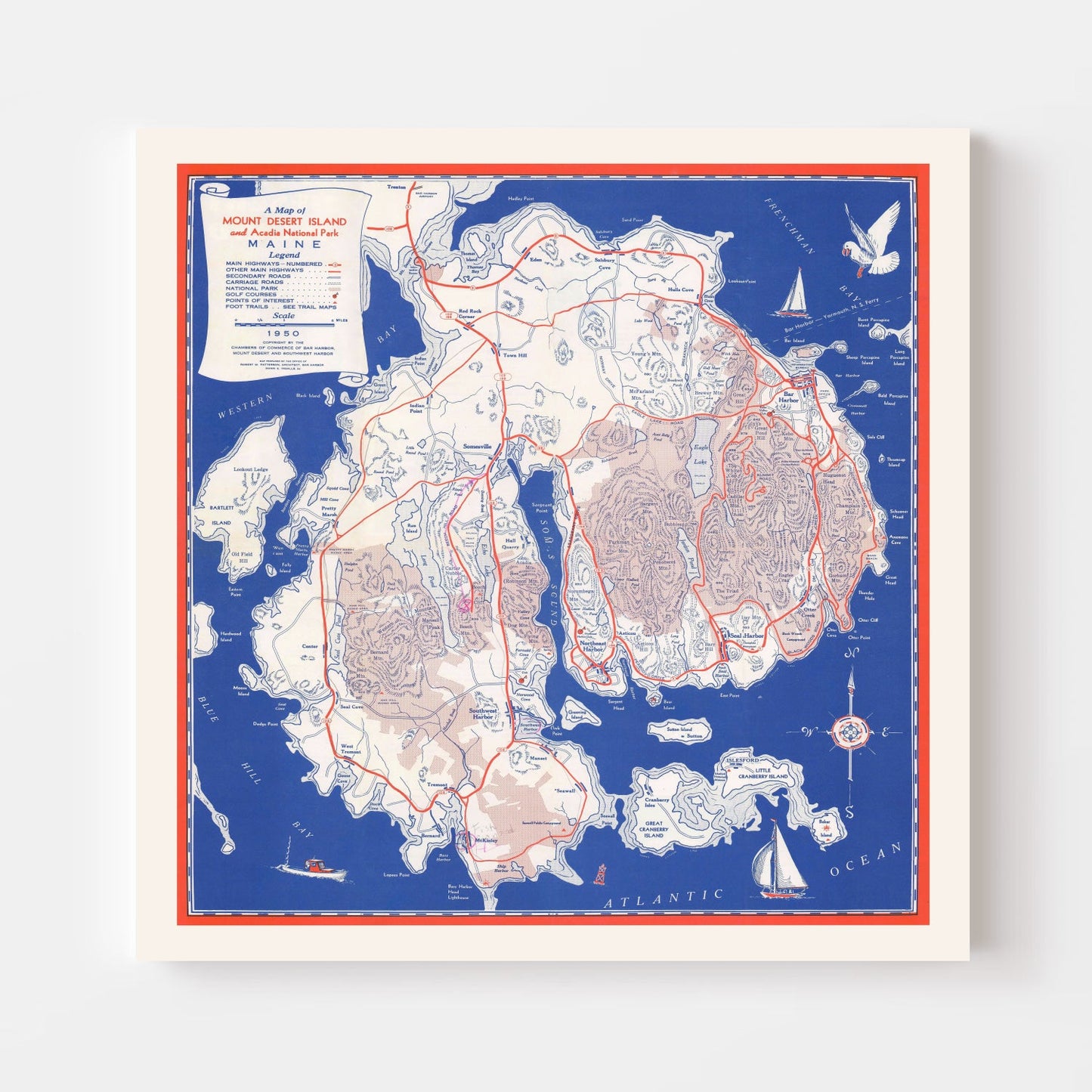 Vintage Map of Mount Desert Island, Maine, 1950