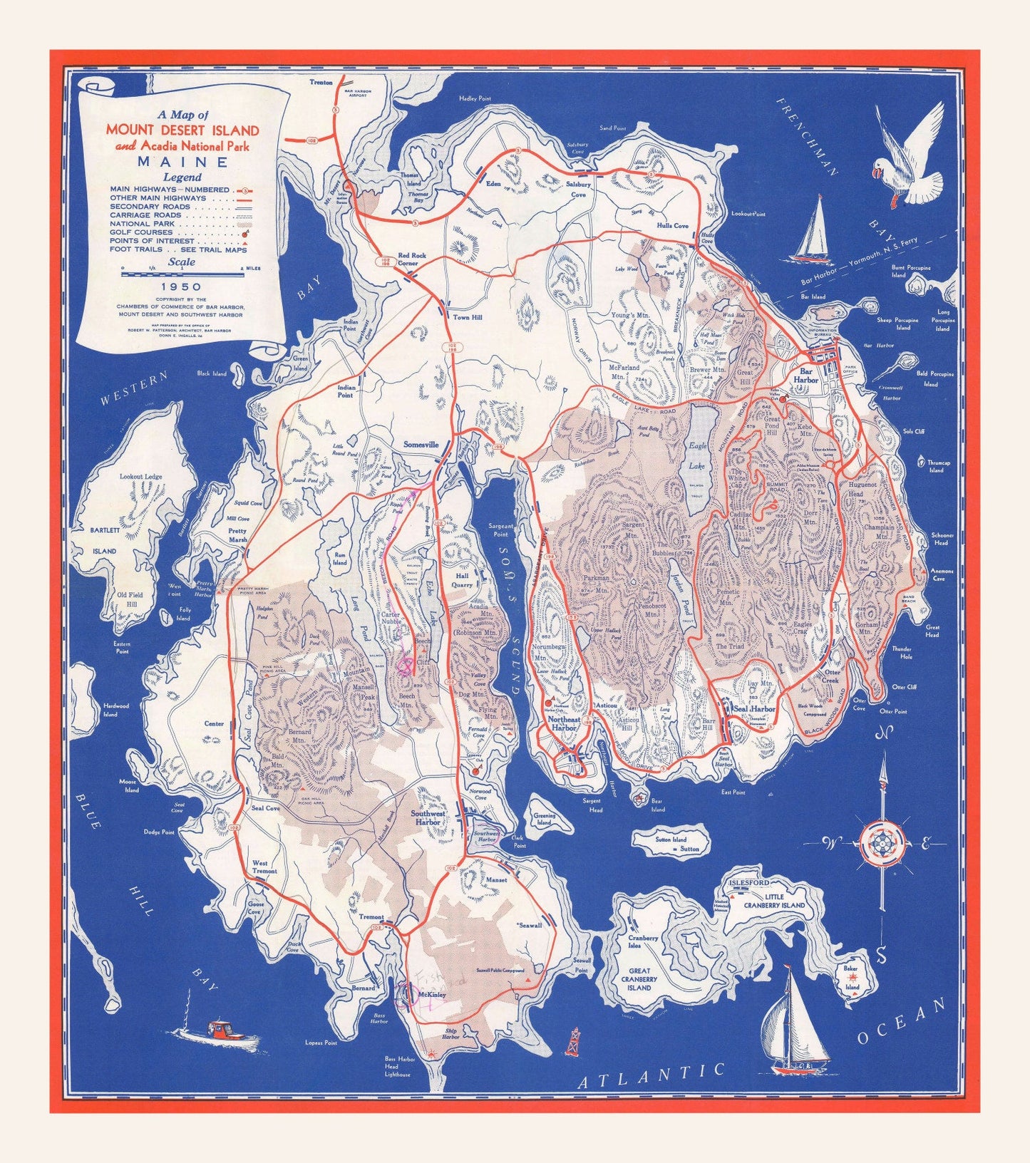 Vintage Map of Mount Desert Island, Maine, 1950