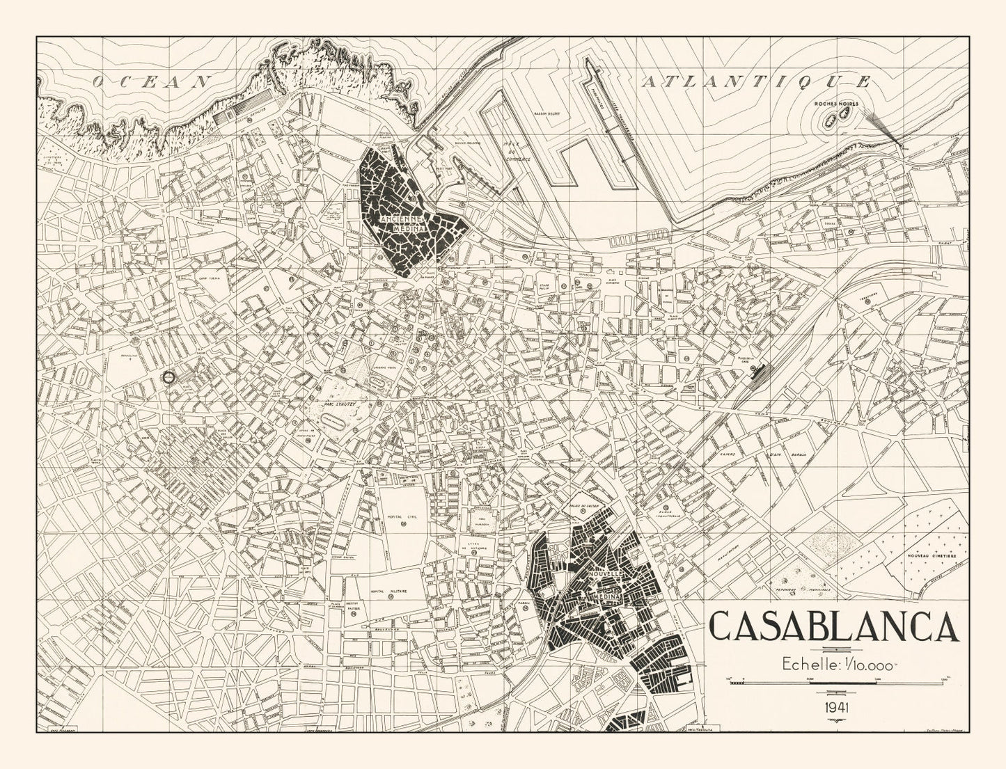 Vintage Map of Casablanca, Morocco, 1941