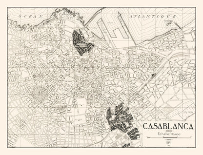 Vintage Map of Casablanca, Morocco, 1941